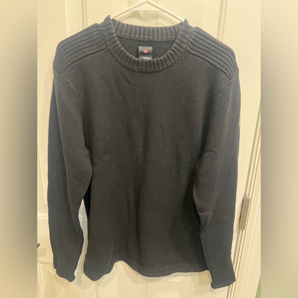 Victorinox Sweater Mens L Black Crewneck Wool Blend Classic Pullover Logo Shield